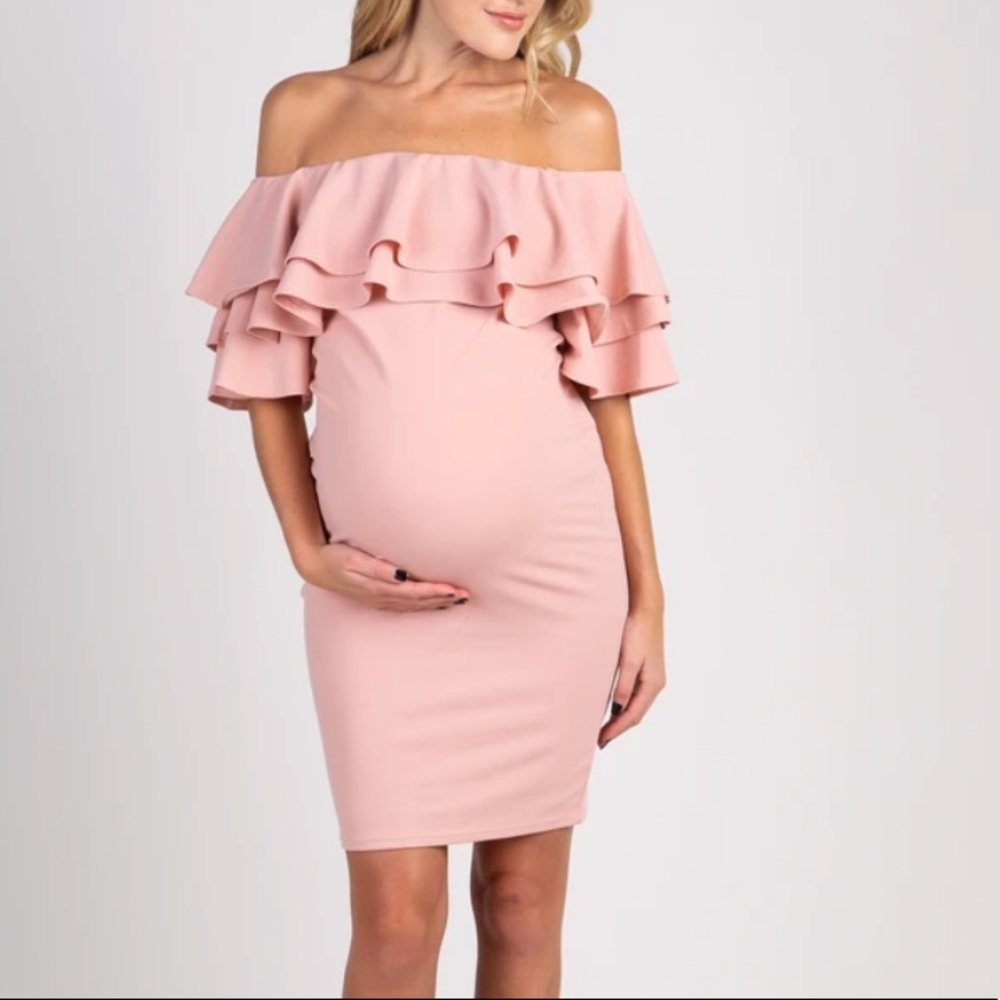 NEW🔥 with tags. PinkBlush Ruffle Off Shoulder Fitted Maternity Dress.